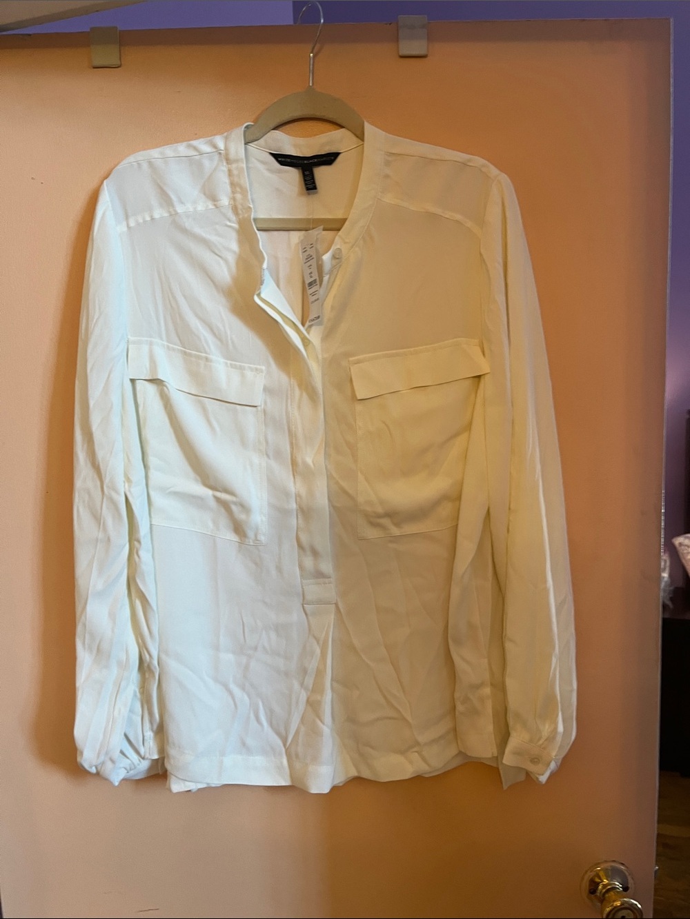 Cream Button-Front Long Sleeve Pocket Blouse
